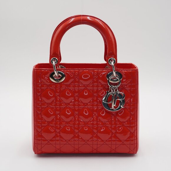 *SOLD* Pre-owned Dior Red Patent Cannage Calfskin 2-Way Medium Lady Dior - Picture 1 of 5